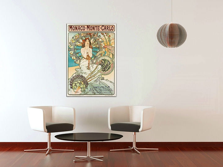 Geometric tablou pe pânză cu motivul MONACO MONTE CARLO – Alfons Mucha în crem-turcoaz nuanțe agățat în interiorul sufragerie, impresie de lux – interior