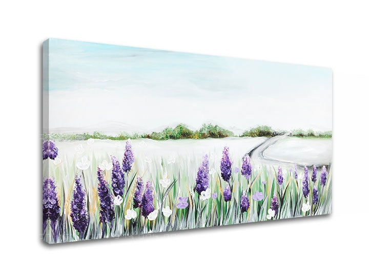 Modern tablou cu motivul lavandă, câmp, cer în alb-violet nuanțe | Tablou pe pânză PRÍRODA, natură – previzualizare
