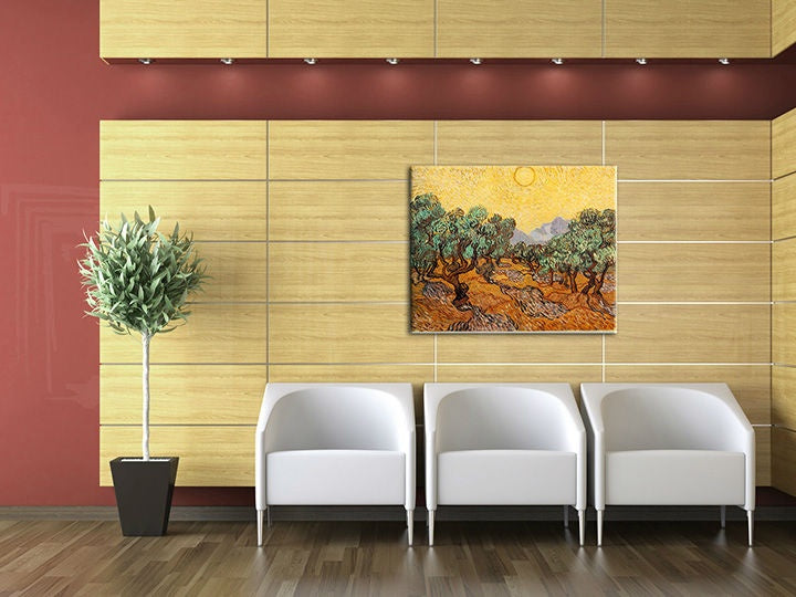 Vintage tablou cu motivul OLIVOVNÍKY – Vincent van Gogh, soare, munți în maro-verde nuanțe | Tablou pe pânză OLIVOVNÍKY – Vincent van Gogh – previzualizare