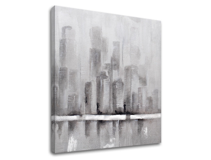Modern tablou pe pânză cu motivul reflexie pe apă, motiv urban, natură în alb-gri nuanțe, atmosferă liniștită, viață urbană și contemplare – produs