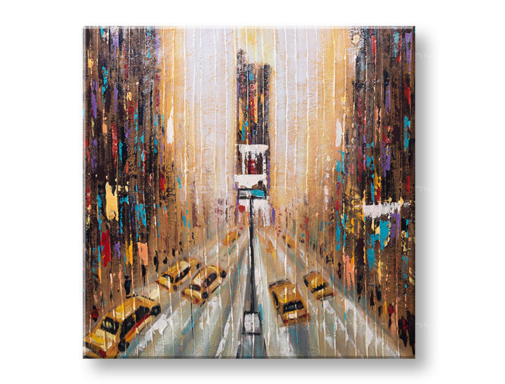 Pop art tablou pe pânză cu motivul motiv urban în maro-albastru nuanțe, atmosferă energică, viață urbană, potrivit pentru hol | Tablou pe pânză ORAȘ – principală