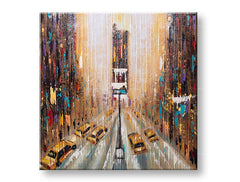 Pop art tablou pe pânză cu motivul motiv urban în maro-albastru nuanțe, atmosferă energică, viață urbană, potrivit pentru hol | Tablou pe pânză ORAȘ – principală