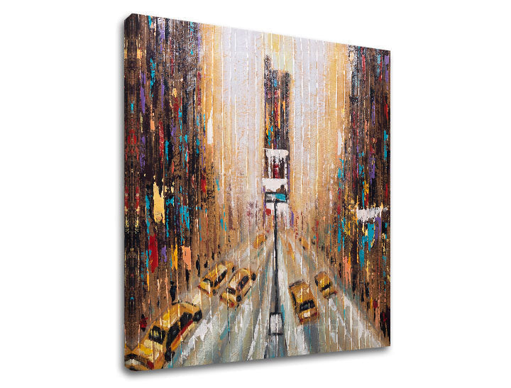 Pop art tablou pe pânză cu motivul motiv urban în maro-albastru nuanțe, atmosferă energică, viață urbană, potrivit pentru hol | Tablou pe pânză ORAȘ – produs
