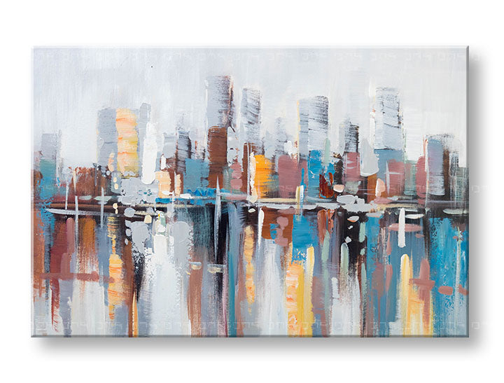 Modern tablou pe pânză cu motivul reflexie pe apă în alb-bej nuanțe, atmosferă urbană, contemplare și viață urbană, potrivit pentru hol | Tablou pe pânză ORAȘ – principală