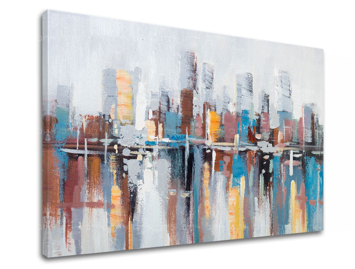 Modern tablou pe pânză cu motivul reflexie pe apă în alb-bej nuanțe, atmosferă urbană, contemplare și viață urbană, potrivit pentru hol | Tablou pe pânză ORAȘ – produs
