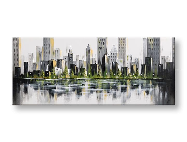 Minimalist tablou pe pânză cu motivul reflexie pe apă, copaci, natură în alb-gri nuanțe, atmosferă liniștită, viață urbană și contemplare – principală
