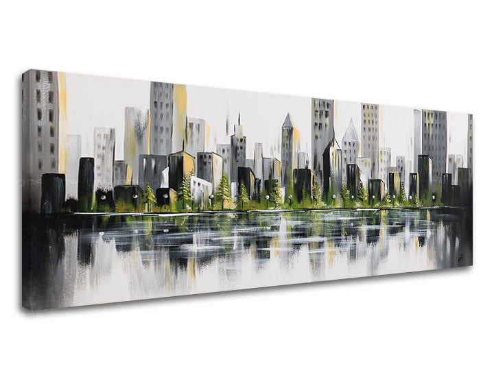 Minimalist tablou pe pânză cu motivul reflexie pe apă, copaci, natură în alb-gri nuanțe, atmosferă liniștită, viață urbană și contemplare – produs