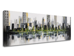 Minimalist tablou pe pânză cu motivul reflexie pe apă, copaci, natură în alb-gri nuanțe, atmosferă liniștită, viață urbană și contemplare – produs