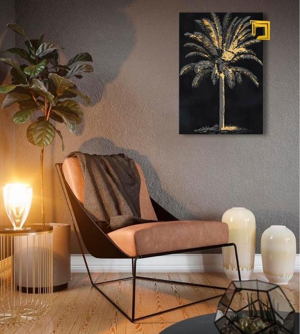 Modern tablou pe pânză cu motivul PALMA 001, palmier, cer de noapte în negru-auriu nuanțe, atmosferă sofisticată, paradis tropical și natură – principală