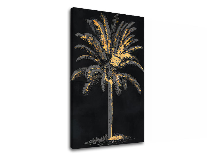Industrial tablou pe pânză cu motivul PALMA 001, palmier în auriu-negru nuanțe, atmosferă sofisticată, paradis tropical și impresie de lux, potrivit pentru sufragerie – produs