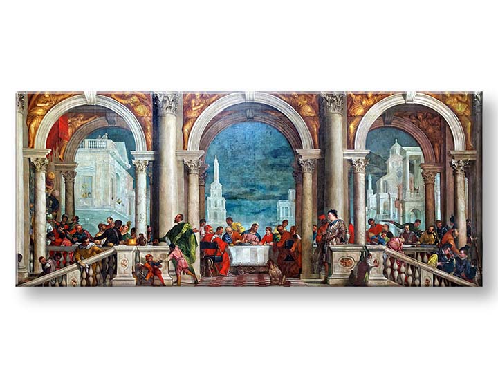 Pop art tablou pe pânză cu motivul Paolo Veronese - Kristus v Leviho dome în bej-albastru nuanțe, atmosferă festivă, celebrare, potrivit pentru sufragerie – produs, vedere 2