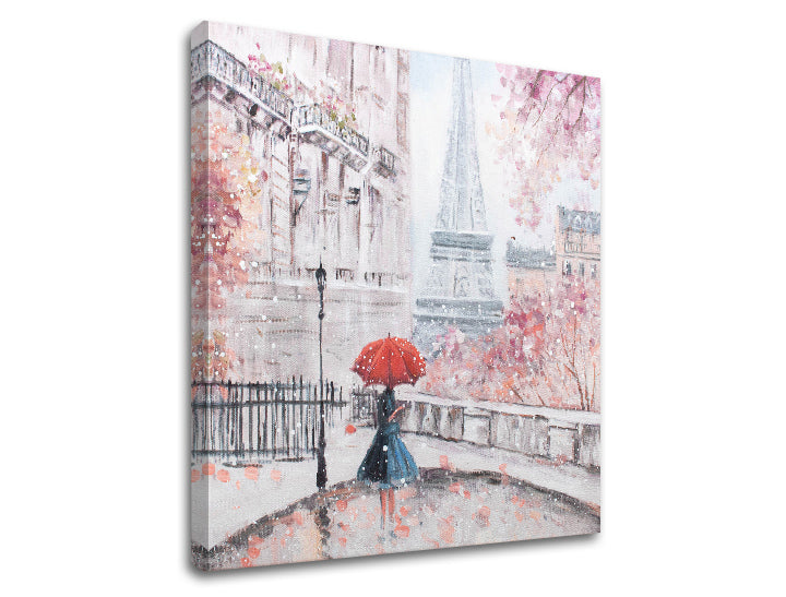 Vintage tablou pe pânză cu motivul PARIS, Turnul Eiffel, flori de cireș, natură în roz-gri nuanțe, atmosferă romantică, potrivit pentru birou de lucru – produs