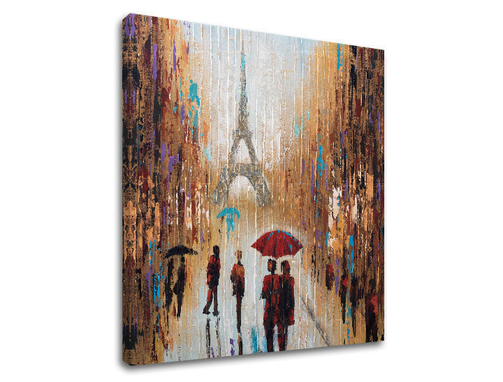 În stil boho tablou pe pânză cu motivul PARIS, Turnul Eiffel, ploaie în maro-albastru nuanțe, atmosferă romantică, dragoste, potrivit pentru hol | Tablou pe pânză PARIS – produs
