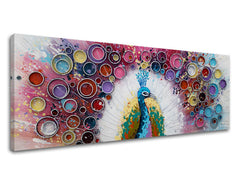 Pop art tablou pe pânză cu motivul PĂUN, pasăre în multicolor nuanțe, atmosferă vibrantă, natură și frumusețe, potrivit pentru sufragerie | Tablou pe pânză PĂUN – produs