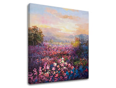 Modern tablou pe pânză cu motivul câmp, copaci, munți, cer, peisaj în violet-albastru nuanțe, atmosferă de vis, natură și atmosferă liniștită – produs