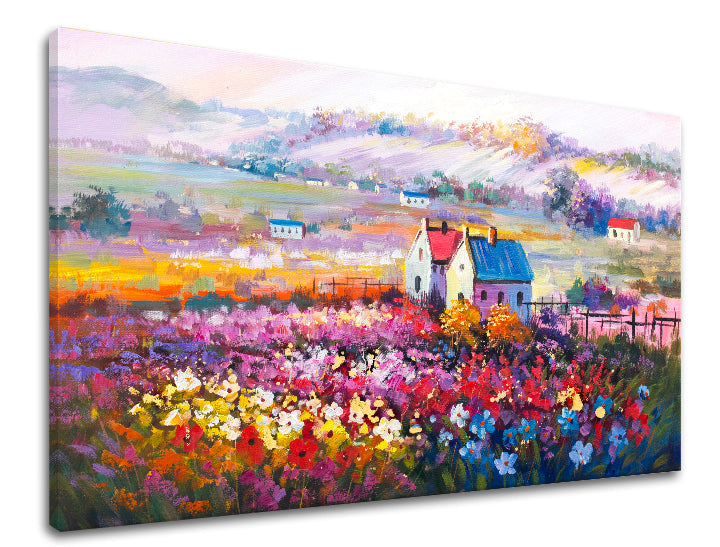 Pop art tablou pe pânză cu motivul peisaj, flori, motiv religios, natură în multicolor nuanțe, atmosferă veselă, atmosferă de primăvară și acasă – produs