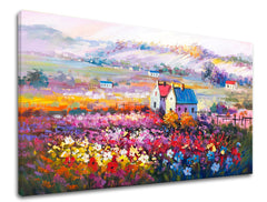 Pop art tablou pe pânză cu motivul peisaj, flori, motiv religios, natură în multicolor nuanțe, atmosferă veselă, atmosferă de primăvară și acasă – produs