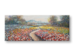 Modern tablou pe pânză cu motivul munți, copaci, cer, peisaj, flori în multicolor nuanțe, atmosferă liniștită, natură și atmosferă de primăvară – principală