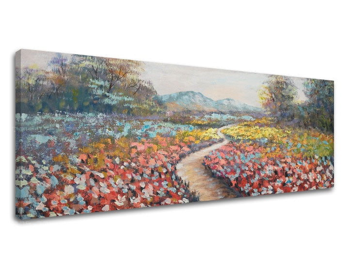 Modern tablou cu motivul munți, copaci, cer în multicolor nuanțe | Tablou pe pânză KRAJINA, natură și atmosferă de primăvară – previzualizare