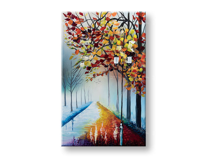 În stil boho tablou pe pânză cu motivul copaci, potecă, ceață ușoară, peisaj, natură în multicolor nuanțe, atmosferă liniștită, potrivit pentru hol – principală