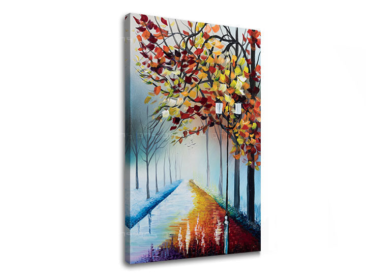 În stil boho tablou pe pânză cu motivul copaci, potecă, ceață ușoară, peisaj, natură în multicolor nuanțe, atmosferă liniștită, potrivit pentru hol – produs