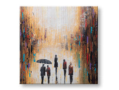 Modern tablou pe pânză cu motivul OAMENI, umbrelă, stradă în multicolor nuanțe, atmosferă melancolică, mișcare, potrivit pentru hol | Tablou pe pânză OAMENI – principală