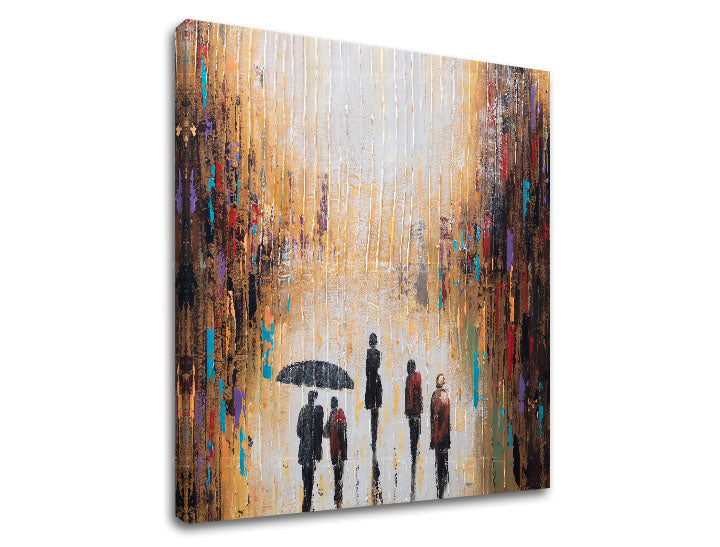 Modern tablou pe pânză cu motivul OAMENI, umbrelă, stradă în multicolor nuanțe, atmosferă melancolică, mișcare, potrivit pentru hol | Tablou pe pânză OAMENI – produs