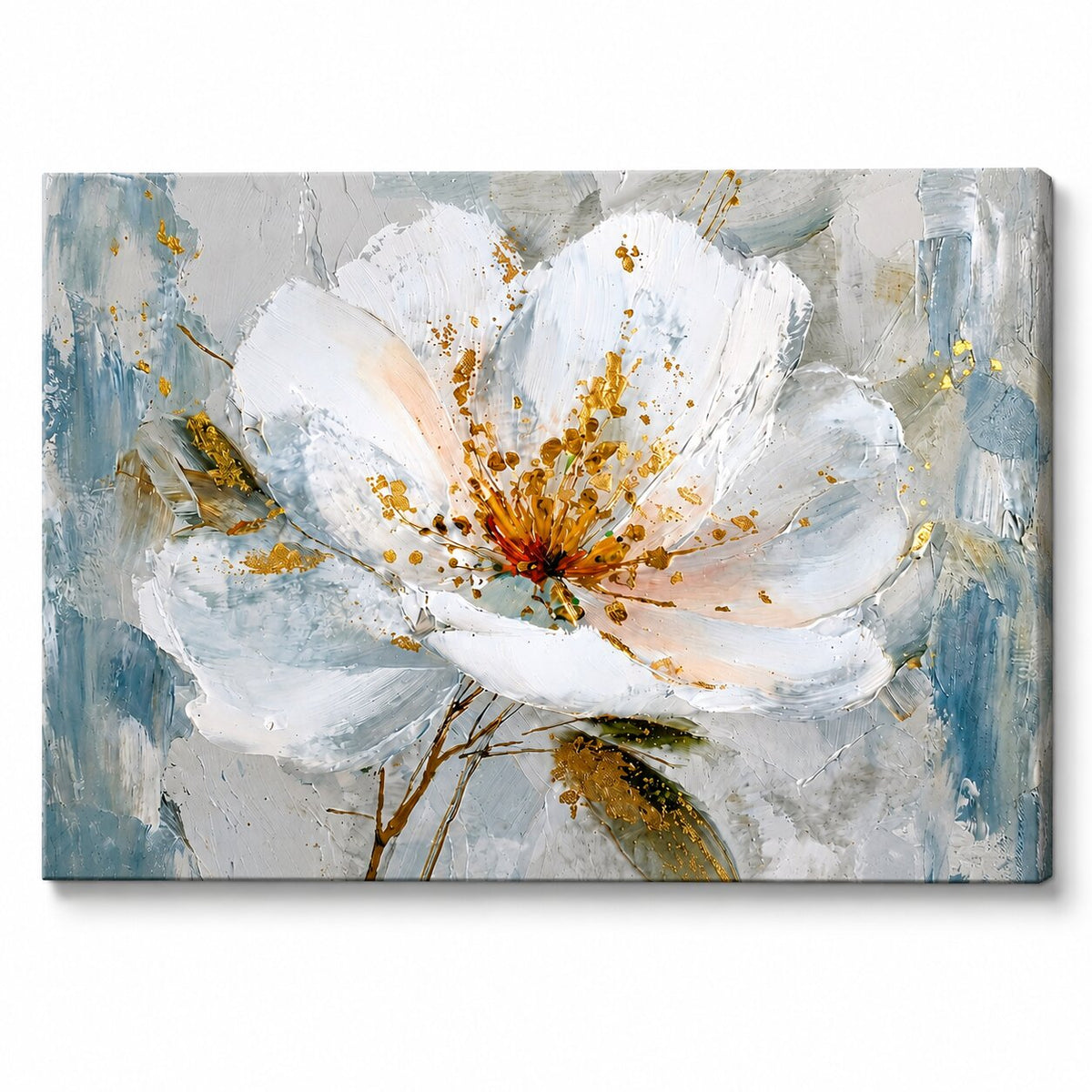 Tablou canvas 3D pictat manual Papilora Floare din Dragoste, cu textură bogată și culori vibrante alb, albastru și auriu, perfect pentru un decor modern și elegant.