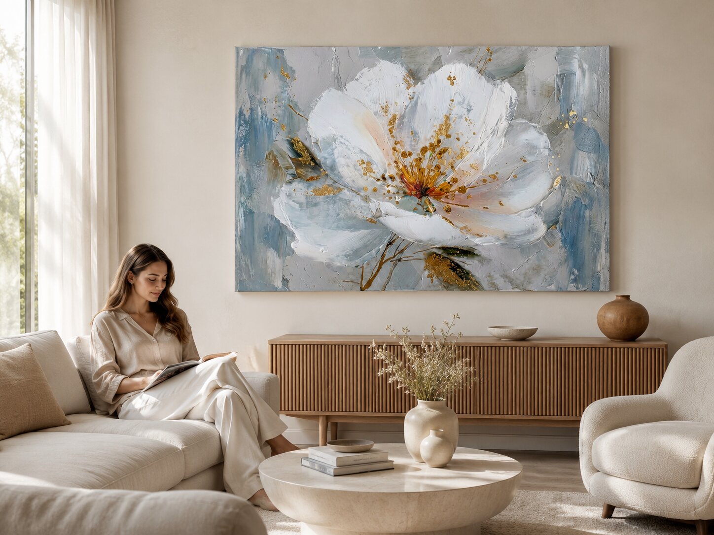 Imagine detaliată a unui tablou canvas cu flori abstracte, integrat armonios într-un decor interior modern, aducând un plus de stil și rafinament livingului.