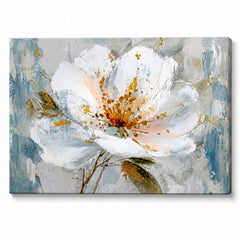 Tablou canvas 3D pictat manual Papilora Floare din Dragoste, cu textură bogată și culori vibrante alb, albastru și auriu, perfect pentru un decor modern și elegant.