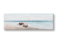 În stil boho tablou pe pânză cu motivul PLAJĂ, ocean, peisaj, mare și plajă în alb-bej nuanțe, atmosferă liniștită, viață la mare, potrivit pentru sufragerie – principală
