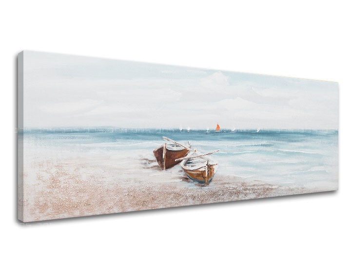 În stil boho tablou cu motivul PLAJĂ, ocean, peisaj în alb-bej nuanțe | Tablou pe pânză PLAJĂ, viață la mare – previzualizare