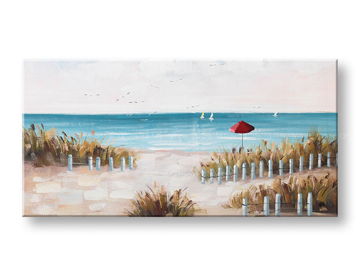 În stil boho tablou pe pânză cu motivul PLAJĂ, ocean, mare și plajă în alb-bej nuanțe, atmosferă liniștită, viață la mare și natură, potrivit pentru hol – principală