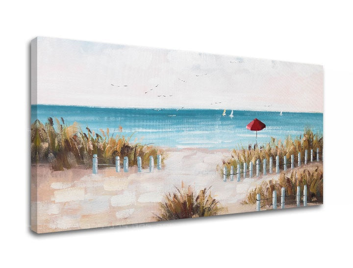 În stil boho tablou cu motivul PLAJĂ, ocean, mare și plajă în alb-bej nuanțe | Tablou pe pânză PLAJĂ, viață la mare și natură – previzualizare