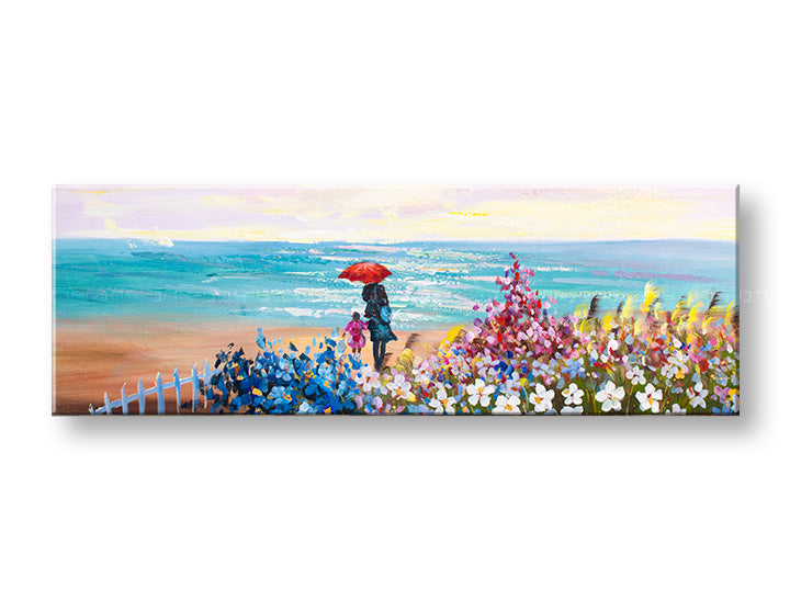 În stil boho tablou pe pânză cu motivul PLAJĂ, copil, ocean, flori, mare și plajă în multicolor nuanțe, atmosferă liniștită, dragoste și familie, potrivit pentru dormitor – principală