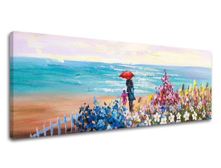 În stil boho tablou pe pânză cu motivul PLAJĂ, copil, ocean, flori, mare și plajă în multicolor nuanțe, atmosferă liniștită, dragoste și familie, potrivit pentru dormitor – produs