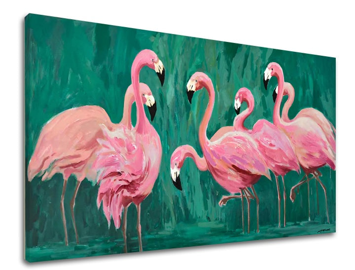Pop art tablou cu motivul PLAMENIAKY, păsări în roz-verde nuanțe | Tablou pe pânză PLAMENIAKY, paradis tropical și natură – previzualizare