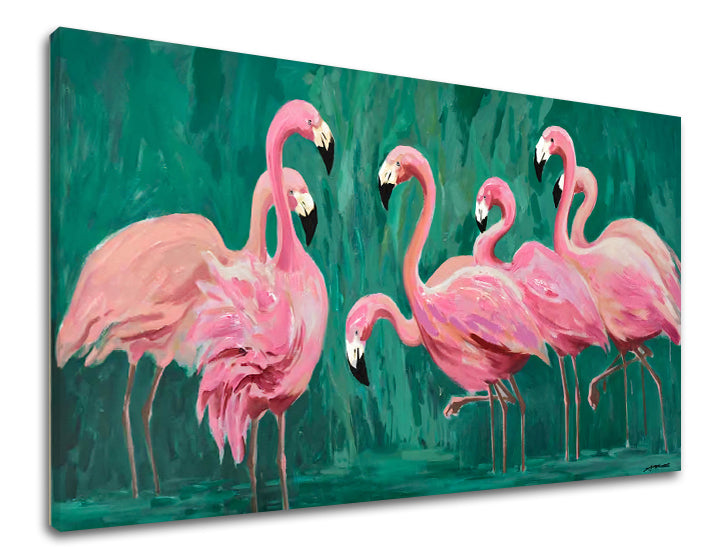 Pop art tablou pe pânză cu motivul PLAMENIAKY, păsări în roz-verde nuanțe, atmosferă jucăușă, paradis tropical și natură, potrivit pentru sufragerie – produs