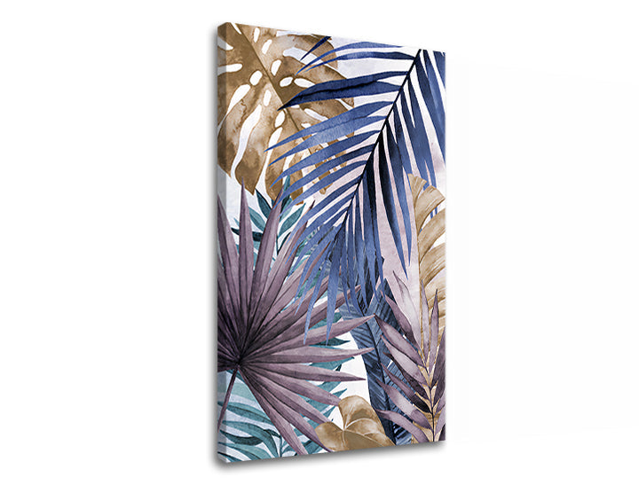 Industrial tablou pe pânză cu motivul RASTLINY 018, natură în violet-albastru nuanțe, atmosferă sofisticată, natură și paradis tropical, potrivit pentru sufragerie – produs
