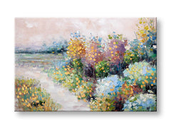 În stil boho tablou pe pânză cu motivul PAJIȘTE, peisaj, potecă, flori, copaci în multicolor nuanțe, atmosferă liniștită, natură și atmosferă de primăvară – principală