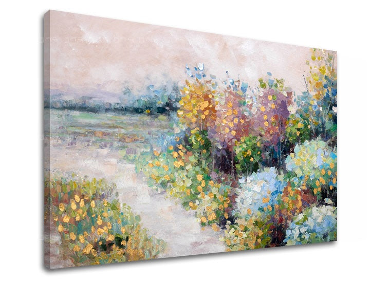 În stil boho tablou cu motivul PAJIȘTE, peisaj, potecă în multicolor nuanțe | Tablou pe pânză PAJIȘTE, natură și atmosferă de primăvară – previzualizare