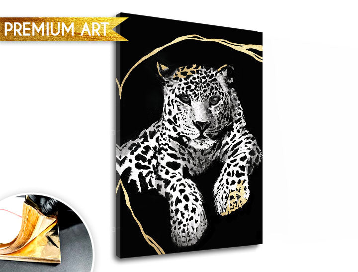 Pictat manual tablou pe pânză cu motivul PREMIUM ART – Oddychujúci gepard în alb-auriu nuanțe, atmosferă elegantă, natură și impresie de lux – produs
