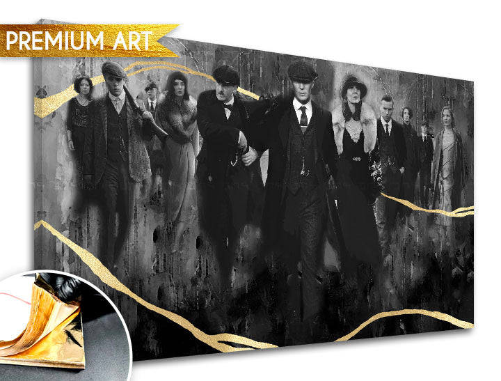 Pictat manual tablou pe pânză cu motivul PREMIUM ART – Peaky Blinders familie în gri-auriu nuanțe, familie și forță și putere, potrivit pentru sufragerie – produs