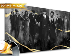 Pictat manual tablou pe pânză cu motivul PREMIUM ART – Peaky Blinders familie în gri-auriu nuanțe, familie și forță și putere, potrivit pentru sufragerie – produs
