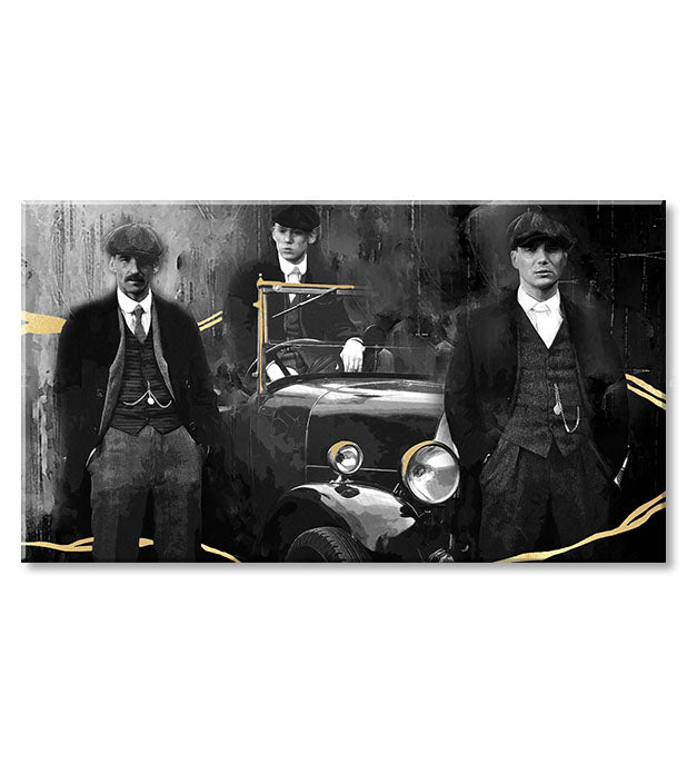 Pictat manual tablou pe pânză cu motivul PREMIUM ART – Peaky Blinders bratia, automobil în gri-auriu nuanțe, potrivit pentru sufragerie | Tablouri pe pânză - PREMIUM ART – Peaky Blinders bratia