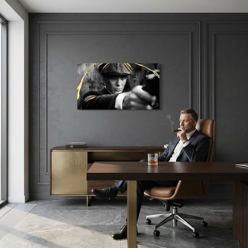 Pictat manual tablou pe pânză cu motivul PREMIUM ART – Peaky Blinders Thomas Shelby în gri-auriu nuanțe agățat în interiorul sufragerie, forță și putere – interior