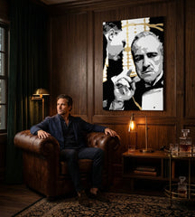 Pictat manual tablou pe pânză cu motivul PREMIUM ART – The Godfather, automobil în alb-auriu nuanțe agățat în interiorul sufragerie, forță și putere și familie – interior