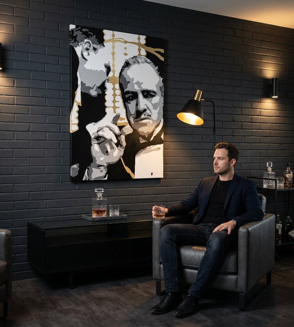 Pictat manual tablou pe pânză cu motivul PREMIUM ART – The Godfather, automobil în alb-auriu nuanțe agățat în interiorul sufragerie, forță și putere și familie – interior, vedere 3