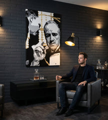 Pictat manual tablou pe pânză cu motivul PREMIUM ART – The Godfather, automobil în alb-auriu nuanțe agățat în interiorul sufragerie, forță și putere și familie – interior, vedere 3