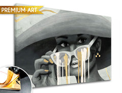 Pop art tablou pe pânză cu motivul PREMIUM ART – Žena v klobúku, natură în gri-auriu nuanțe, atmosferă stilată, frumusețe și mister, potrivit pentru dormitor – principală